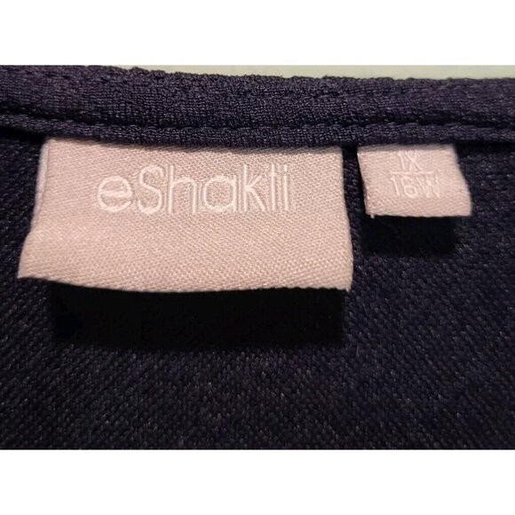 Eshakti Navy Blue Textured 3/4 Sleeve Fluted Hem V Neck Dress Pockets Sz 1X/16w - Picture 7 of 8